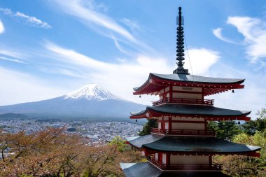 Kırmızı chureito pagoda. Arka planda Fuji Dağı var. Güneşli bir günde, kiraz çiçekleri mevsiminde..