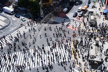 Tokyo, Japonya, 25 Mayıs 2025: Tokyo, Japonya 'nın merkezinde am caddesinden geçen kalabalığın en üst görüntüsü.