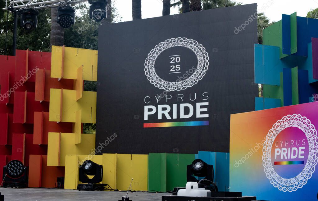 Nicosia, cyprus, May 31 2025: Stage being prepared for cyprus pride 2025, featuring event logo, colorful panels, and lighting equipment