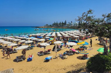 PROTARAS, CYPRUS, 8 Haziran 2025: İncir Ağacı 'nın ünlü sahil sahilinde turistler, Kıbrıs' taki Protaras tatil beldesinde tatil yapıyorlar. Sandy egzotik plajı