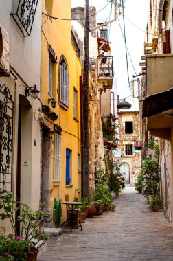Yunanistan, Chania 'da geleneksel sokak ve evler. mimari ayrıntı