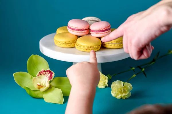 French macaron cakes on a cake stand against blue backdrop close up. Yellow white, pink macarons. Child\'s hand going to pick up a yellow macaron. A child\'s hand picks up a macaron. Orchid and sage.