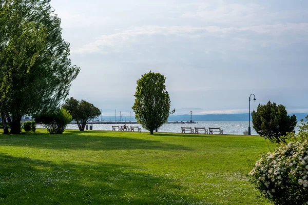Balaton Gölü Kıyısında Yeşil Ağaçları Çiçekleri Bankları Yürüyen Insanları Olan — Stok fotoğraf