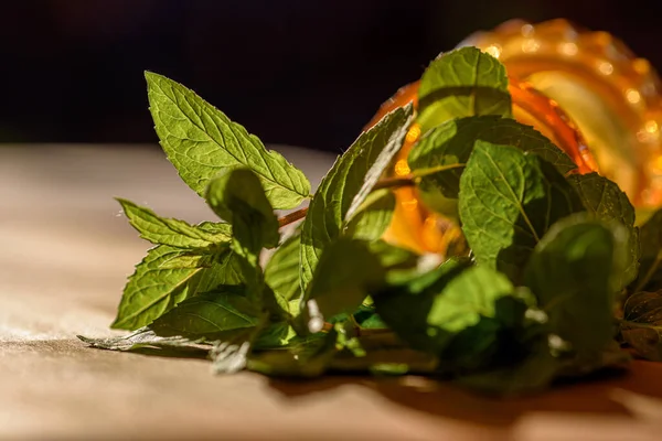 Green Fresh Mint Leaves Wood Sill Sunlight Fresh Herbs Health — Stock Photo, Image
