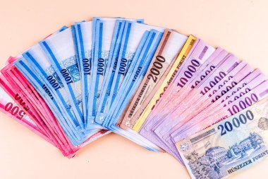 Macar HUF banknotları sarı arka plana yayıldı