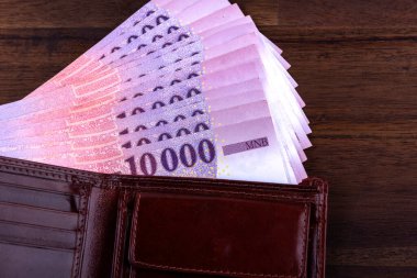 Macar HUF 10.000 banknot kahverengi bir masada kahverengi deri cüzdan