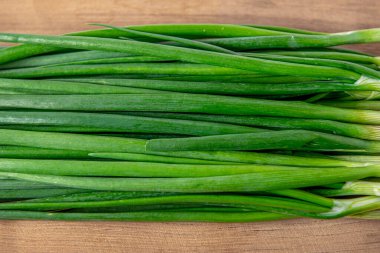 Köy ahşap masada taze yeşil soğan. Yüksek kalite fotoğraf