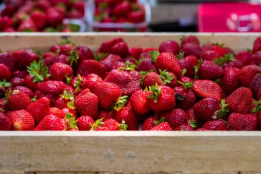 Marketteki tahta kutuda çilek var. Sokak pazarında olgun çilekler yığılıyor.