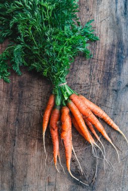 Ahşap zemin üzerinde turuncu havuçlar. Bir demet organik taze havuç ve yeşil havuç..