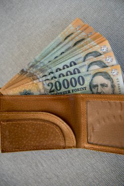 Hungarian forint banknotes in a brown leather wallet on gray background. clipart