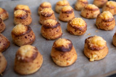 Bir tepsi taze Pagaca geleneksel Doğu Avrupa tuzlu çörekleri peynirli Pogace. Peynirle doldurulmuş Pogaca