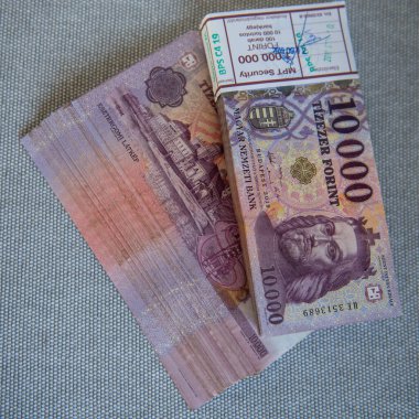Macar forint, gri arka planda 10.000 Ft banknot.