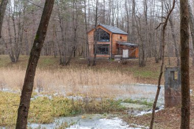 Ormandaki göle yakın ahşap turist evi.