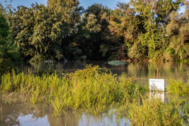 Sel basmış bir nehirde gün batımı, sel, nehir taşmış, sel basmış bölge, sel basmış ovalar.