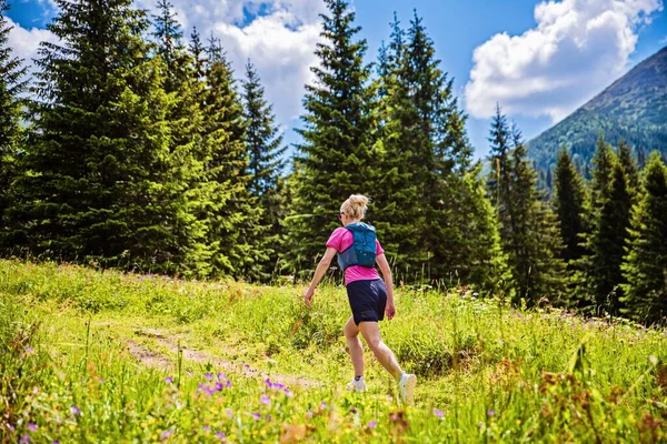 Beautiful Blonde Woman Backpack Walking Forest Mountains Dressed Pink Shirt — Stock Photo, Image