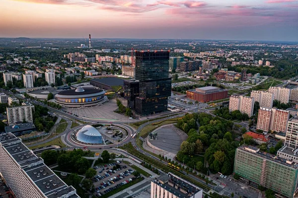 Luchtfoto Drone Van Katowice Centrum Kantoorgebouwen Torens Met Rotonde Katowice Stockfoto