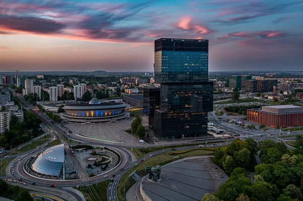 Luchtfoto Drone Van Katowice Centrum Kantoorgebouwen Torens Met Rotonde Katowice Stockafbeelding
