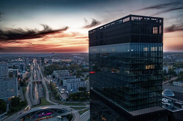 Katowice Centro Torres Escritórios Edifícios Spodek Noite Vista Aérea Drones — Fotografia de Stock