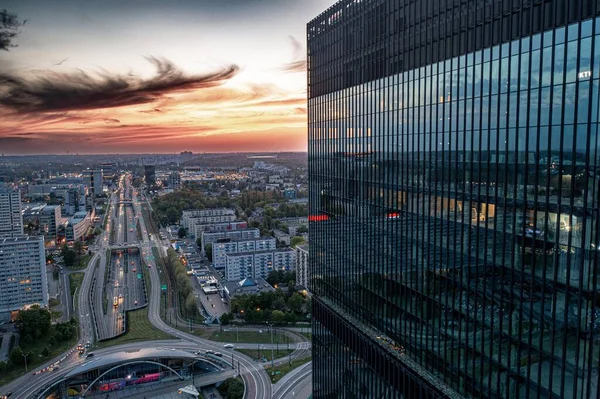 Katowice Centro Torres Escritórios Edifícios Spodek Noite Vista Aérea Drones — Fotografia de Stock
