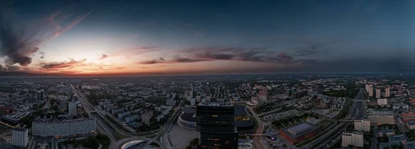 Panoramadrönare Bild Centrum Den Polska Staden Katowice Kvällen Kontorsbyggnader Och — Stockfoto
