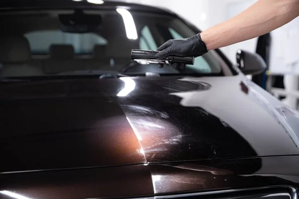 Employee Car Detailing Studio Conducts Inspection Car Paint Polishing Paint Stock Picture