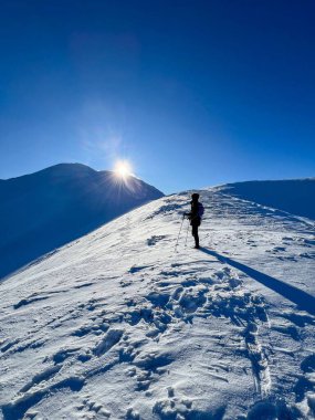 Polonya Tatralarında kış şafağının maviliğine karşı tek başına bir yürüyüşçü