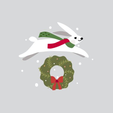 Tavşanlı ve çelenkli Noel kompozisyonu. Vektör düz resimleme.