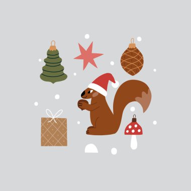 Bir sincapla Noel kompozisyonu. Bileşimin tüm elementleri izole edilmiş. Vektör el çizimi resimleme.