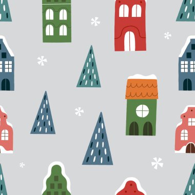 Karla kaplı evler ve köknar ağaçları olan kusursuz bir Noel deseni. Şenlikli kış duvar kâğıdı. Ev yapımı tekstil için arka plan. Düz bir biçimdeki vektör deseni.