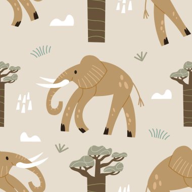 Fil ile kusursuz desen. Çocuk safari arka planı el çizimi tarzında.