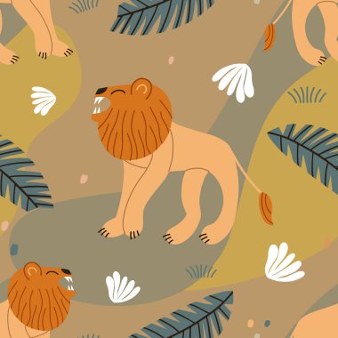 Aslanla kusursuz desen. Tekstil, duvar kağıdı ve ambalaj kağıdı için çocuk modası arka planı.