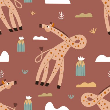 Zürafa ile kusursuz desen. Tekstil ve duvar kağıtları için çocuk moda baskısı.