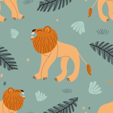 Aslanla kusursuz desen. Tekstil, duvar kağıdı ve ambalaj kağıdı için çocuk modası arka planı.