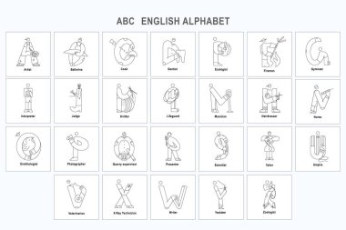 Children's English alphabet in the form of symbols of professions. Vector illustrations in the style of linear art.  A set of coloring books for children