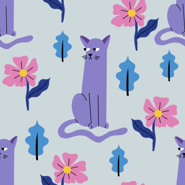 Seamless pattern with a sad cat. Fashionable pattern for wallpaper and textiles in a flat style.