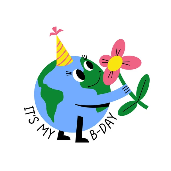 Det Min Födelsedag Världen Håller Blomma Festlig Hatt — Stock vektor