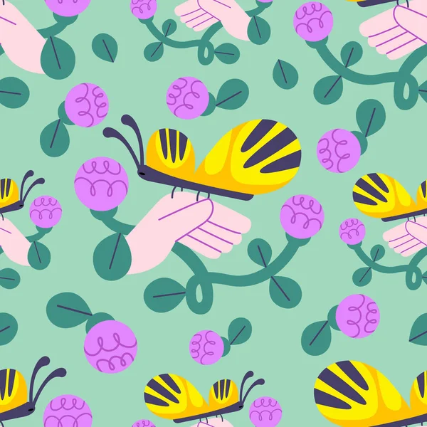 Nahtloses Muster Mit Einem Schmetterling Auf Dem Arm Und Blumen — Stockvektor