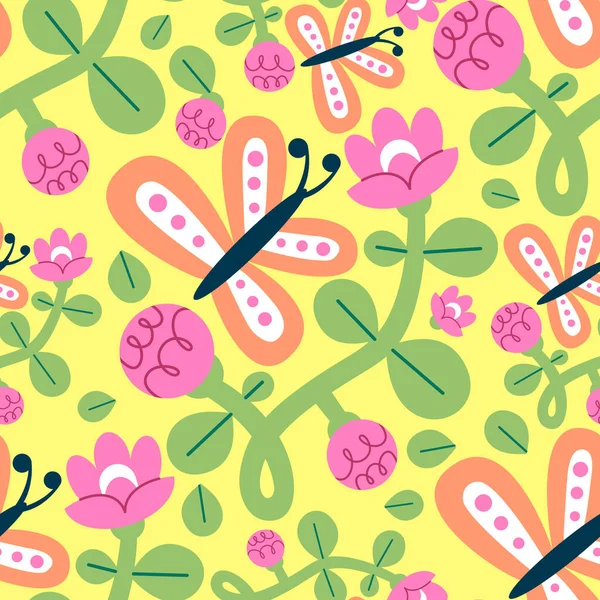 Nahtloses Muster Mit Schmetterlingen Und Blumen Modischer Hintergrund Flachen Stil — Stockvektor
