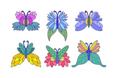 Beyaz bir arka planda izole edilmiş bir çiçek kelebeği seti. Kelebeklerin canlı vektör çizimi.