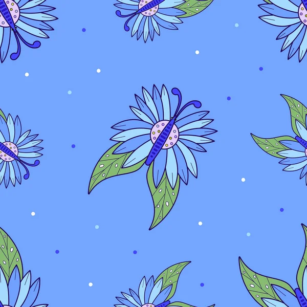 青い背景に花蝶と繰り返しパターン 漫画風の鮮やかな花の壁紙 — ストックベクタ