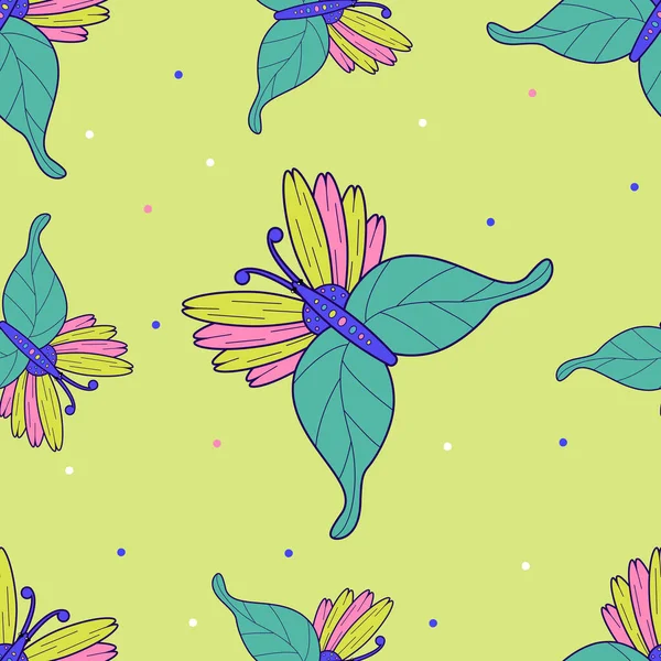 Seamless Pattern Flower Butterfly Green Background Bright Butterfly Wallpaper Cartoon — Stock Vector