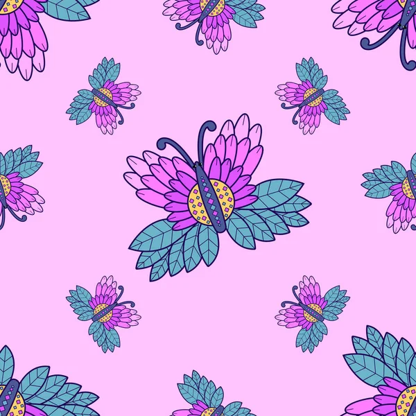 Motif Répétitif Vibrant Avec Papillon Fleurs Sur Fond Rose Papier — Image vectorielle