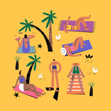 Bir grup genç plajda güneşleniyor. İnsanlardan, martılardan, hurmalardan ibaret olanlar. Renkli düz vektör çizimi