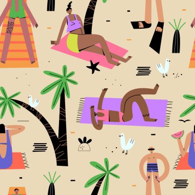 Sahilde güneşlenen bir grup insanın tekrarlanan kalıpları. Düz biçimli renkli duvar kâğıdı.