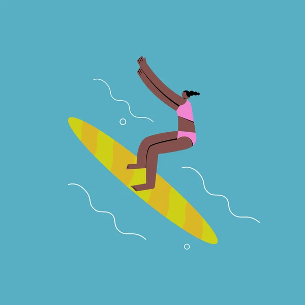 Fille Noire Est Debout Sur Une Planche Surf Illustration Vectorielle — Image vectorielle
