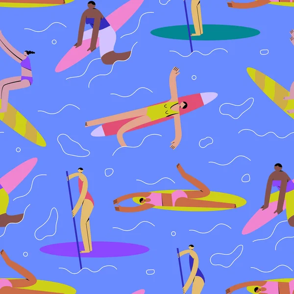 Grupo Raparigas Montar Uma Prancha Surf Impressão Brilhante Moda Ilustração — Vetor de Stock