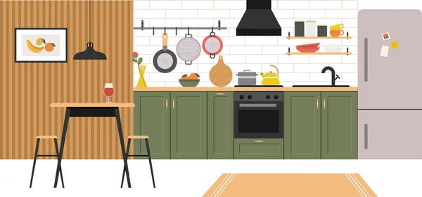 Konforlu Mutfağının Modern Tasarımı Evdeki Yemek Salonu Mutfak Aletleri Modern — Stok Vektör