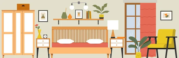 ベッド ワードローブ アームチェア 家の装飾が施された居心地の良いベッドルームのモダンなインテリアデザイン 部屋のカラーフラットベクトルイラスト — ストックベクタ