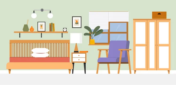 木製家具 家の装飾が施された居心地の良いベッドルームのモダンなインテリアデザイン 部屋のカラーフラットベクトルイラスト — ストックベクタ