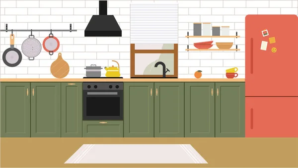 モダンなインテリアデザインのホームキッチン 家の中のダイニングエリア キッチン用品 現代的なスタイルの部屋のカラーフラットベクトルイラスト — ストックベクタ